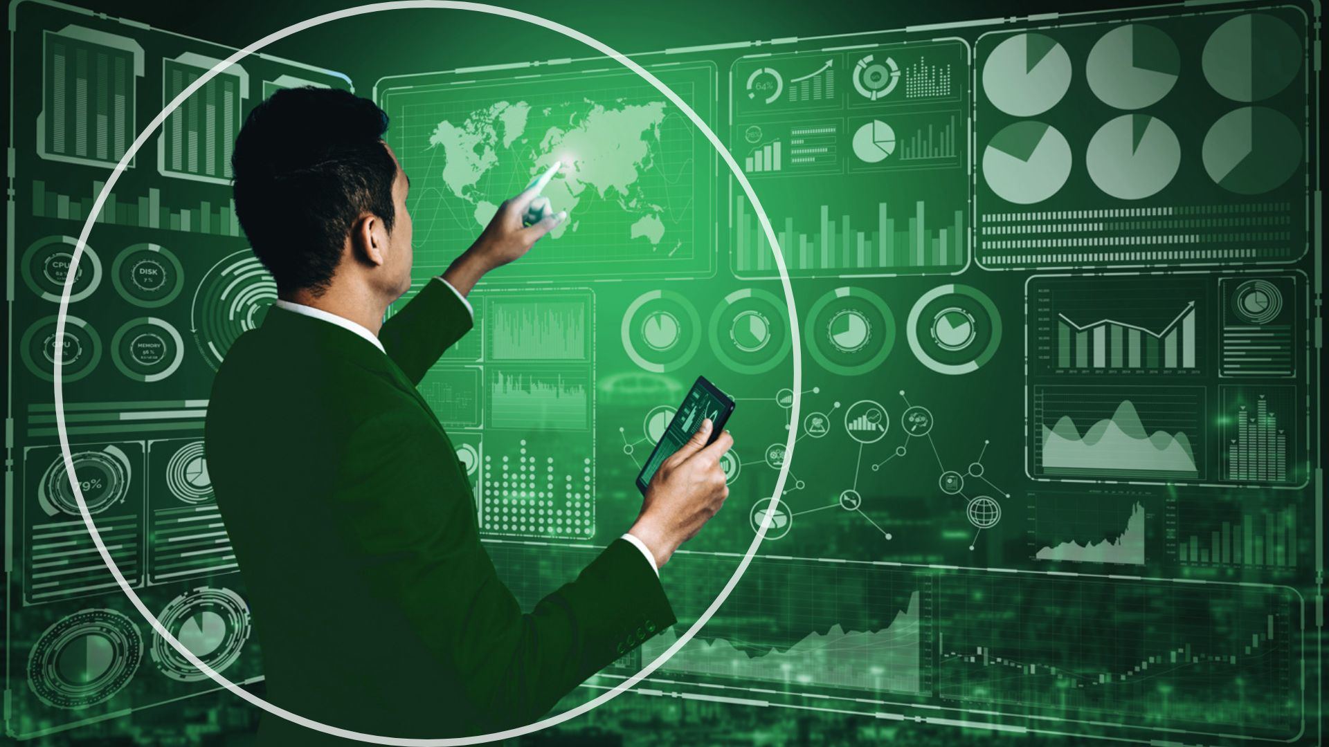 Man writing on interactive technology wall.