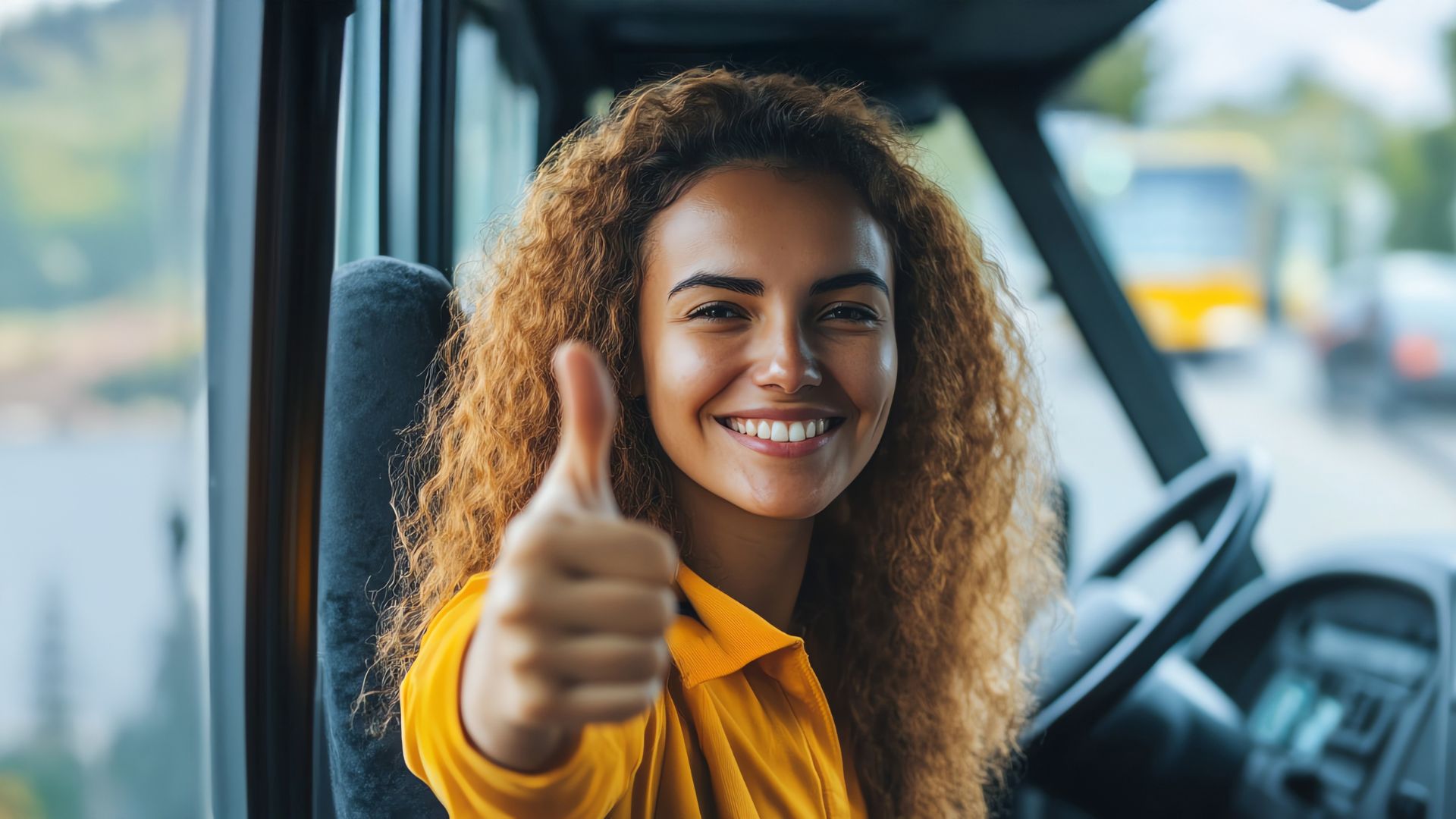 Smiling woman on bus with thumbs up.